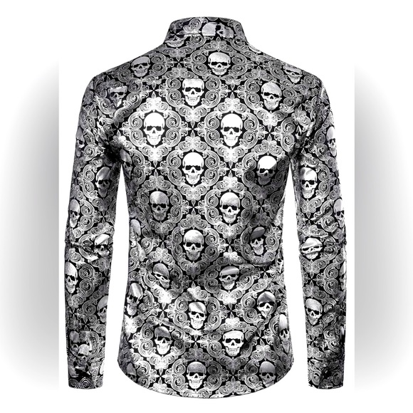 💀 METALLIC SKULL SHIRT 💀 BLK & SLV, MEN’S BUTTON-UP SHIRT by VATPAVE - Picture 2 of 7